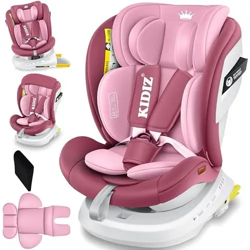 Produktbild: KIDIZ® Kindersitz Baby Autositz Kinderautositz Isofix Top Tether 360° drehbar Gruppe 0/1/2/3 ab Geburt 0-36kg Mit Sonnenschutzdach Seitenschutz 5 Punkt Gurt Kopfstützenverstellung ECE R129 (Rosa)