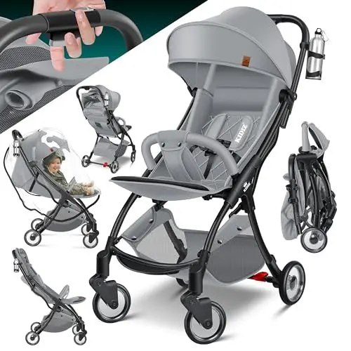 Produktbild: KIDIZ® Kinderwagen Premium Kinderbuggy klappbar Liegebuggy Sportwagen Faltbar 360°Räder 5-Punkt Gurt Inkl. Getränkehalter & Regenabdeckung, verstellbare Rückenlehne & Sonnenverdeck Grauschwarz