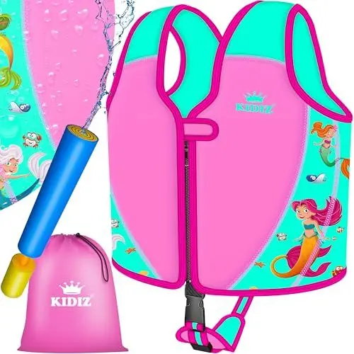Produktbild: KIDIZ® Schwimmweste Kinder L 5-9 Jahre | Schwimmhilfe Jungen & Mädchen Badeweste Babys & Kleinkinder | Float Jacket Klettverschluss | Badeweste Neopren mit Wasserpistole | Sicherheitsgurt verstellbar