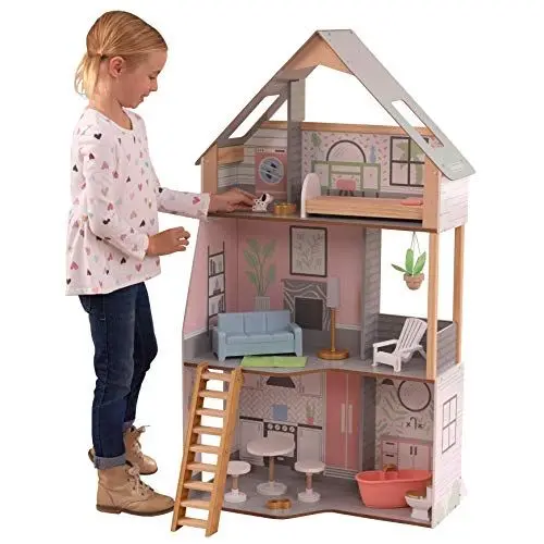 Produktbild: KidKraft Alina Puppenhaus aus Holz mit Möbeln und Zubehör für 30 cm große Puppen, 3-stöckiges Spielset mit Hund und beweglichen Treppe, Spielzeug für Kinder ab 3 Jahre, 10229