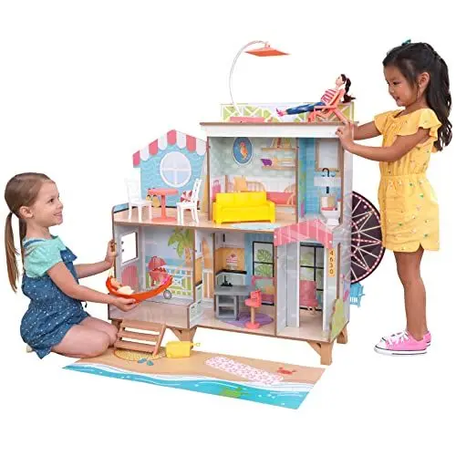 Produktbild: KidKraft Riesenrad Strandhaus Puppenhaus aus Holz mit Möbeln und Zubehör, Spielset mit Hängematte und Strandstuhl für 30 cm Puppen, Spielzeug für Kinder ab 3 Jahre, 20053