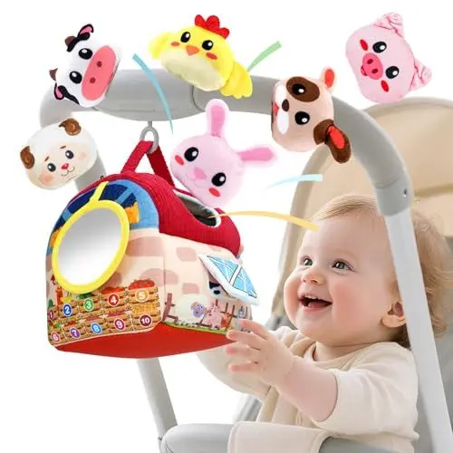 Produktbild: kidmance Montessori Baby Spielzeug ab 6 Monaten | Bauernhof-Sensorikspielzeug aus Baumwolle mit Scheune, Rassel, Tieren | Beruhigendes Spielzeug und Geschenk für Babys und Kleinkinder 6-24 Monate