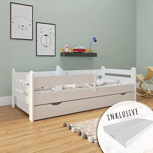Produktbild: Kids Collective Kinderbett 80x180 cm mit Matratze, Rausfallschutz, Schublade & Lattenrost in weiß 80x180 Mädchen Jungen Bett Skandi | von 3. bis 12. Lebensjahr