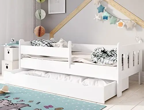 Produktbild: Kids Collective Kinderbett 80x160 | 80x180 | 90x200 cm mit Schublade, Rausfallschutz & Lattenrost in weiß 200 x 90 Mädchen Jungen Bett