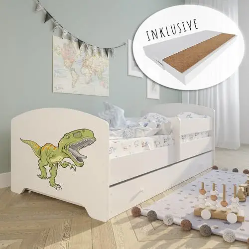 Produktbild: Kids Collective Kinderbett 80x160 cm mit Matratze und Schublade, Rausfallschutz & Lattenrost in weiß mit Dinosaurier Motiv V Komplettbett Jugendbett Einzelbett Holz