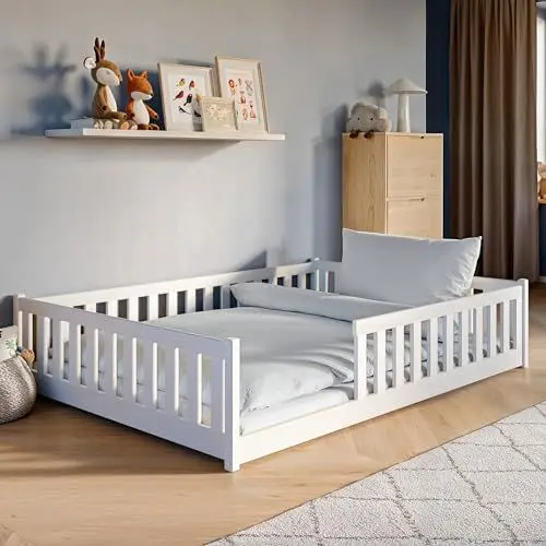 Produktbild: Kinderbett Bodenbett 140x200 cm Bett mit Rausfallschutz & Lattenrost Montessori Bett Bed Gitterbett Kinder Jugendbett Einzelbett | weiß Kiefer Holz massiv Junge Mädchen