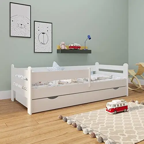 Produktbild: Kids Collective Kinderbett Jugendbett 90x200 cm mit Rausfallschutz | inkl. Lattenrost & Schublade in weiß | Mädchen Jungen Bett skandinavisch | von 4. bis 18. Lebensjahr