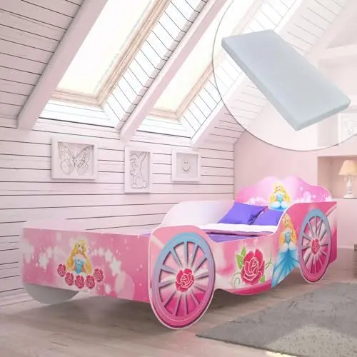 Produktbild: Kids Collective Kutsche Kinderbett Mädchenbett 80x160 | 70x140 mit Rausfallschutz und Matratze | Prinzessin Kinder Spielbett 80x160 cm | von 3. bis 10. Lebensjahr