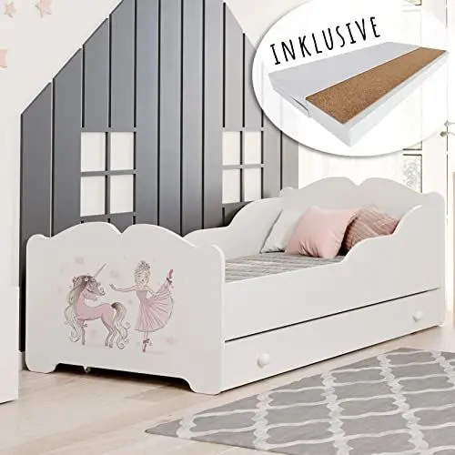 Produktbild: Kids Collective Mädchenbett Kinderbett 80x160 cm mit Matratze und Schublade, Rausfallschutz & Lattenrost in weiß Prinzessin mit Pferd Motiv 160x80 bis 10 Jahre