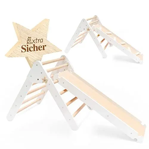 Produktbild: Kids Woody Star® Kletterdreieck mit Rutsche/Sprossenleiter 2in1 Set (EXTRA SICHER) Klettergerüst Indoor ab 1 Jahr | Pikler Dreieck Kletterbogen | Montessori Spielzeug | Klappbar