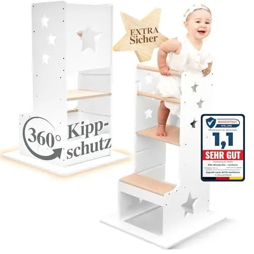 Produktbild: Kids Woody Star® Lernturm ab 1 Jahr (360° KIPPSCHUTZ) Höhenverstellbar Learning Tower Lernturm Montessori | Tritthocker Kinder | Schemel Lernstuhl Lerntower | Holz/Weiß