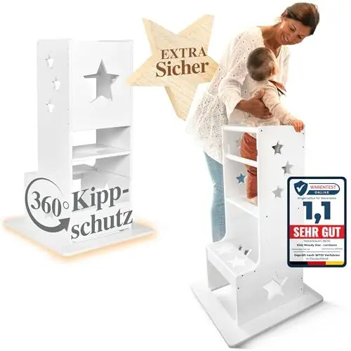 Produktbild: Kids Woody Star® Lernturm ab 1 Jahr (360° KIPPSCHUTZ) Höhenverstellbar Learning Tower Lernturm Montessori | Tritthocker Kinder | Schemel Lernstuhl Lerntower | Weiß