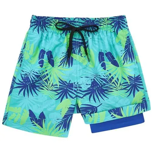 Produktbild: kids4ever Badeshorts für Jungen mit Kompression Liner 2 in 1 Badehose Kinder Sommer Grünes Blattmuster Kurze Strandhose 18 Jahre Teenager