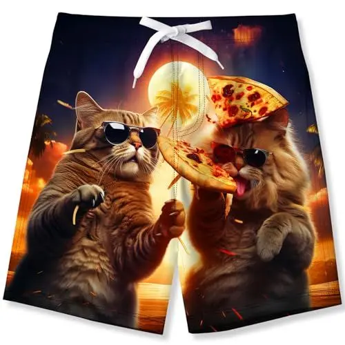 Produktbild: kids4ever Jungen Badeshorts Schnell Trocknende Badehose 3D Druck Pizza Katze Strandshorts Boardshorts 9-10 Jahre