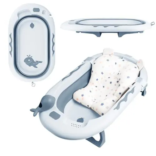 Produktbild: Kidsbuddy Faltbare Baby Badewanne,Babywanne mit Rutschfestem Badekissen,Weiche Duschkissen,Abflussloch,Baby-Duschspielzeug,Platzsparend,Baby Bathtub,Tragbare Baby Wanne für Babys von 0-36 Monaten,Blau