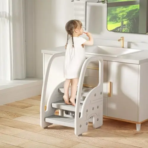 Produktbild: Kidsbuddy Tritthocker für Kinder,Sicherer&Stabiler Kinderschemel,3 Stufiger Trittschemel,Faltbarer Lernturm für Kinder,Höhenverstellbar,rutschfest, Kinderhocker Faltbar für Bad,Küche,Toilette,Weiß