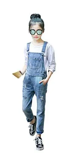 Produktbild: KIDSCOOL SPACE Mädchen-Denim-Latzhose,Little Big Kid Zerrissene Jeans-Arbeitskleidung,Hellblau,10-11 Jahre