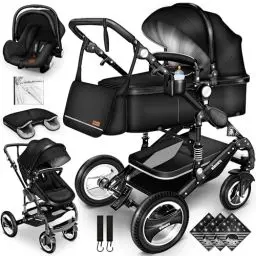 Produktbild: KIDUKU® 3 in 1 Kinderwagen XXL Komplettset | Kombikinderwagen Set inkl. Babywanne Buggy Sportsitz & Auto-Babyschale Fußsack | Vollgummireifen Wickeltasche Handwärmer Regenschutz Kindertisch ECE R129