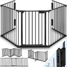 Produktbild: KIDUKU® Kaminschutzgitter mit Tür Metall 300 cm | Absperrgitter Ofenschutzgitter faltbar | Konfigurationsgitter inkl. 5 Elementen (Schwarz)