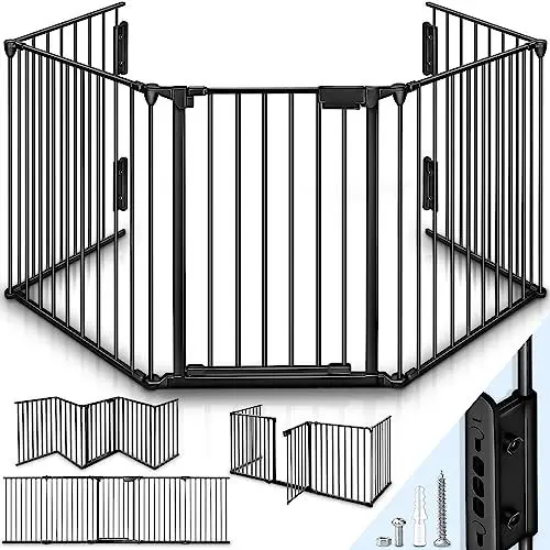Produktbild: KIDUKU® Kaminschutzgitter mit Tür Metall 300 cm | Absperrgitter Ofenschutzgitter faltbar | Konfigurationsgitter inkl. 5 Elementen (Schwarz)