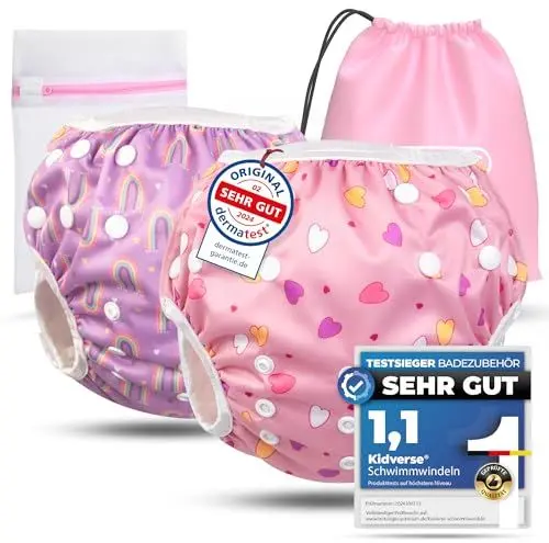 Produktbild: KIDVERSE 2er Set Schwimmwindel Baby 0-3 Jahre - Hautfreundliche Schwimmwindeln wiederverwendbar & saugstark - Baby Schwimmwindel mit Tasche & Wäschenetz (Rosa Hearts Rainbow 2er)