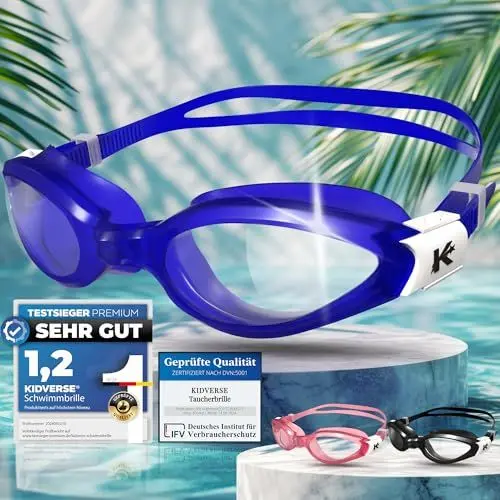 Produktbild: KIDVERSE Taucherbrille Kinder 6 Jahre bis 16 - Geprüfte Schwimmbrille Kinder 6 Jahre mit UV Schutz & Anti-Beschlag - Flexibel biegbare Kindertaucherbrillen ab 6 für Jungen & Mädchen