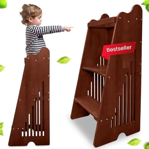 Produktbild: KidzPlanetz/Vielseitiger Hochstuhl für Babys und Kleinkinder – Tritthocker, Lernturm ab 1 Jahr, Montessori Kinderstuhl und Küchenhelfer in einem – Anpassbar und Sicher