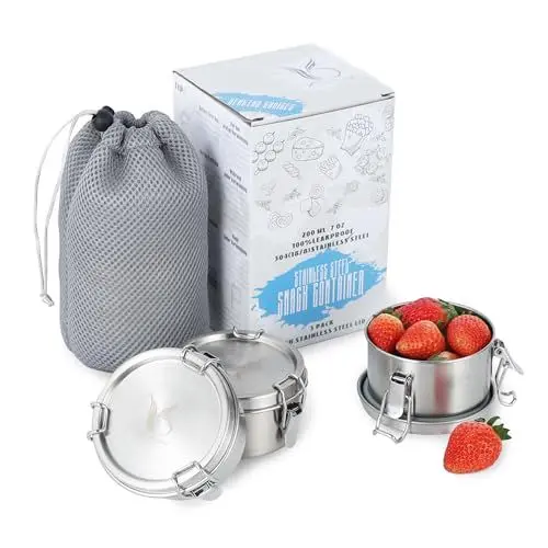 Produktbild: Kieaisy Edelstahl Dose (3 Stück), Lebensmittelbehälter Kinder, 200ml Klein Dosen, Snackbox, Aufbewahrungsdosen mit Deckel, Lunchbox Auslaufsicher Geeignet für Snacks, Obst, Müsli, Gewürz