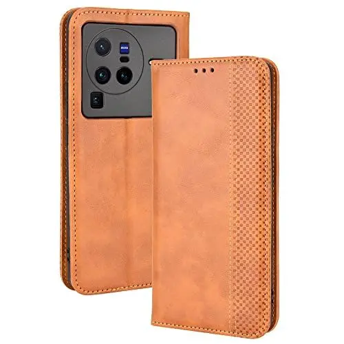 Produktbild: KIEUN Kompatible für vivo X80 Pro Handyhülle, PU Leder Flip Hülle für Handy mit Kartenfach Stand und Magnet Funktion als Brieftasche, braun
