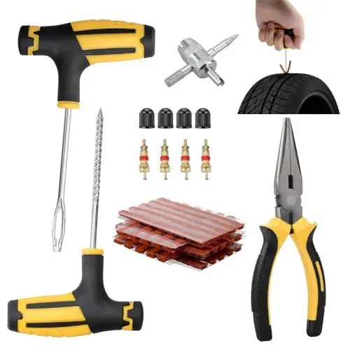 Produktbild: Kigniote 37-teiliges Autoreifen Reparaturset Tubeless Reparaturset Reifen Flickset Auto Reifen Reparaturset KFZ PKW Reifenpannenset Auto Reifenreparaturset für Auto Motorrad Fahrrad LKW