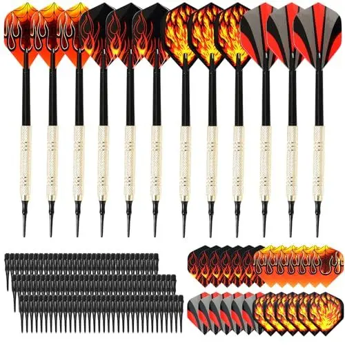 Produktbild: KIKIGOAL Dartpfeile mit weicher Spitze, 12 Stück mit 24 Schwänzen und 100 Stück Kunststoffspitzen, Sicherheits-Kunststoff-Flammenmuster, Kinder-Dartpfeile