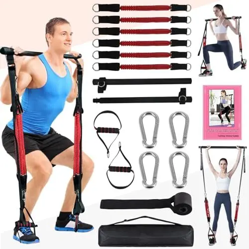 Produktbild: Pilates Bar Set Mit Widerstandsbändern, Krafttrainingsgeräte Frauen Männer, 60IBS-180IBS Verbesserte Pilates Widerstandsbänder und Toning Bar, Griffe für Home Gym,Tragbare Fitnessgeräte