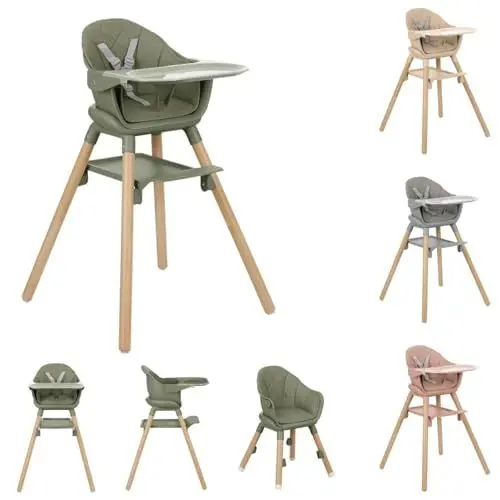 Produktbild: Kikkaboo Kinderhochstuhl Woody 3 in 1 Holzbeine Kinderstuhl Fußstütze Tablett, Farben:grün