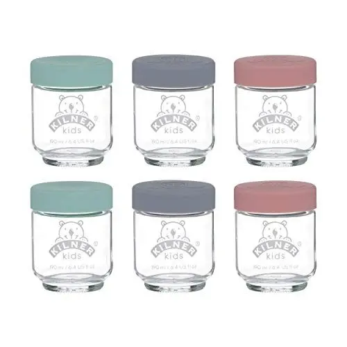 Produktbild: Kilner Babygläser Set 190 ml / 6 Babybrei Behälter / Aufbewahren, Einfrieren und Servieren von hausgemachter Babynahrung / frei von Schadstoffen und Weichmachern / Silikondeckel in 3 Farben