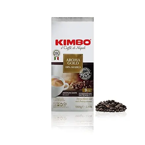 Produktbild: Kimbo Gold 100% Arabica ganze Kaffeebohnen, dunkle Röstung, ausgezeichnet für Lattes oder Cappuccinos, 1kg Beutel