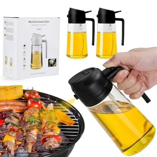 Produktbild: Kimimara 2 in 1 - Ölsprüher für Speiseöl Oelsprayflasche KücheGlas Ölzerstäuber 470ML Ölsprüher Ölflasche Ölspender für Grillen, Kochen, Salate, Backen Gesundes Essen Küchenutensilien (black X2)