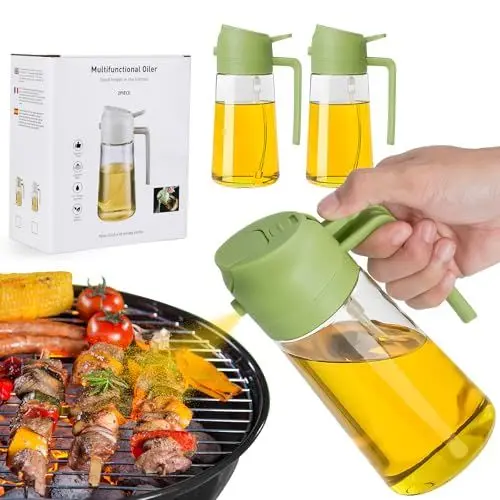 Produktbild: Kimimara 2 in 1 - Ölsprüher für Speiseöl Oelsprayflasche KücheGlas Ölzerstäuber 470ML Ölsprüher Ölflasche Ölspender für Grillen, Kochen, Salate, Backen Gesundes Essen Küchenutensilien (green X2)
