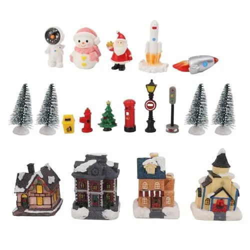 Produktbild: Beleuchtete Weihnachtsdorf-Sets mit Figuren aus Kunstharz, 80 MAh – Exquisite Dekoration für den Innenbereich, Schneedorf-Set aus Kunstharz mit Weihnachtsdorf-Figuren und