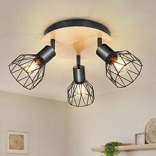 Produktbild: Kimjo Led Deckenstrahler 3 Flammig Rund Holz Schwenkbar - Deckenlampe Strahler Deckenleuchte E14 3 Flammig Schwarz - Spotleuchte Wand Küche Lampe Wohnzimmer Deckenspot Schlafzimmer Nein Leuchtmittel