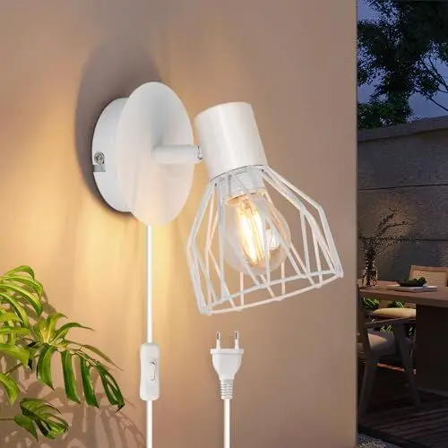 Produktbild: Kimjo Wandlampe mit Schalter und Stecker - Wandlampe mit Stecker Weiß Wandleuchte mit Schalter - Wandleuchte mit Stecker E14 Wandlampe Schlafzimmer Wandstrahler Innen Wandspot Ohne Leuchtmittel