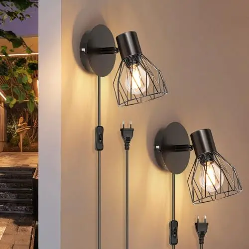 Produktbild: Kimjo Wandlampe mit Stecker - Wandlampe mit Schalter und Stecker Schwarz - Wandleuchte mit Stecker und Kabel Drehbare - E14 Wandleuchte mit Schalter Schlafzimmer Wandstrahler Ohne Glühbirne 2 Stück