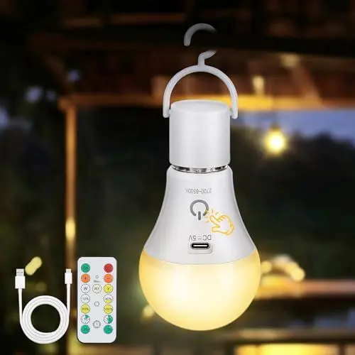 Produktbild: Kimjo Wiederaufladbare Glühbirne mit Batterie - Aufladbare Glühbirne mit Fernbedienung E27 7W - Akku Glühbirne USB 3 Farben Dimmbare - Touch Control Outdoor Notlicht