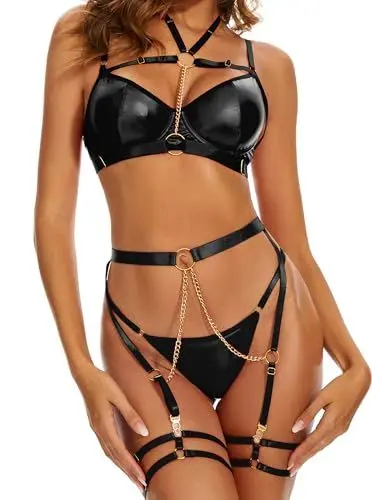 Produktbild: Kimlyf Dessous Damen Sexy Unterwäsche für Frau mit Strapsen Dessouse-Set-Sexy für Damen mit BH und Slip mit Choker mit Strapshalter mit Strumpfband Schwarz S