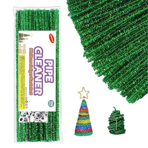Produktbild: KIMMAX 100 Pfeifenreiniger Grün Bastelset und 100 Googly Eyes -Chenilledraht 30cm- Pfeifenputzer für Kinder Basteln DIY Projekte und Dekorieren (Glitzer Grün)
