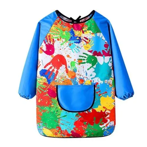 Produktbild: KIMMAX Malschürze Kinder Malerkittel für 7-11 Jahre Mädchen Junge Tuschkittel Wasserdicht Malkittel Bastelschürze für Schule Kunst Malerei Kochen (Blau-Lange Ärmel, M(100-120cm))
