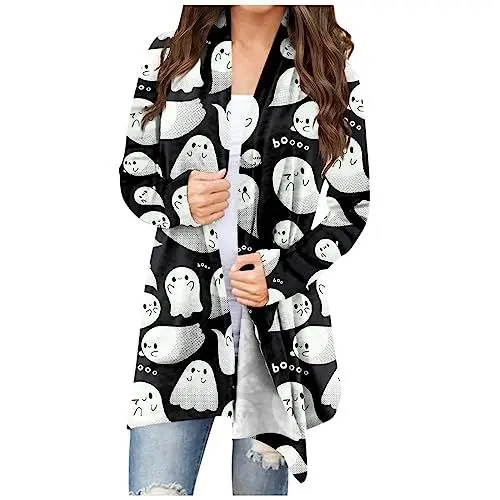 Produktbild: Kimono Morgenmantel Damen Cardigan Women's Polyester Halloween Cardigan Swing Rundhals Cartoon Locker Longsleev Longtops Frauen Schöne Warme Clubkleidung Weiß
