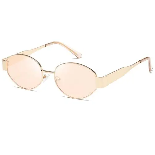 Produktbild: kimorn Retro Sonnenbrille Damen Herren Oval Metal Trendy Classic UV400 schnelle brille K1653 (Gold/Pink)
