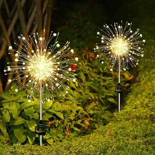 Produktbild: Kimuwote Gartendeko Solarleuchten, 2 Stück 150 LED Solar Gartenleuchte Außen, 8 Modi Feuerwerk Gartenleuchten, IP65 Wasserdicht Pusteblume Gartenstecker Solarlampen für Außen Garten Wege Rasen Balkon