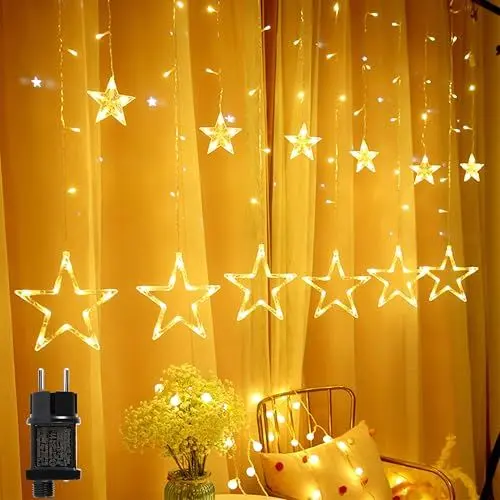 Produktbild: Kimuwote Lichterkette Sterne mit 12 LED Sternen, 138 LED Fenster Weihnachtsbeleuchtung Innen Lichtervorhang mit Timer 31V Warmweiß 8 Modi Wasserdicht Außen Dekoration für Weihnachten