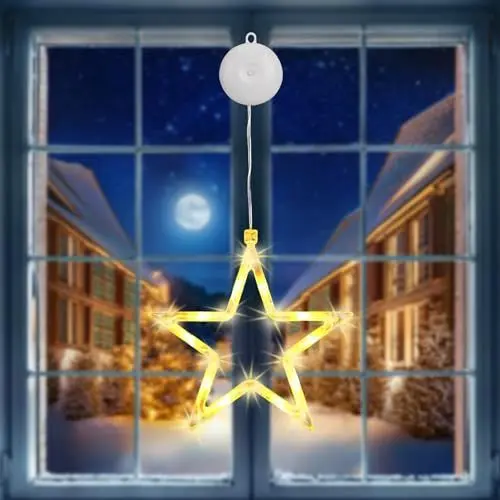 Produktbild: Sterne Weihnachtsbeleuchtung, 10 LED Lichterkette Weihnachtsdeko Fensterlichter Batteriebetriebe mit Timer, Saugnäpfe, Fenster Sterne Innen für Weihnachten Deko, Balkon, Party, Hochzeit(2 Stück)